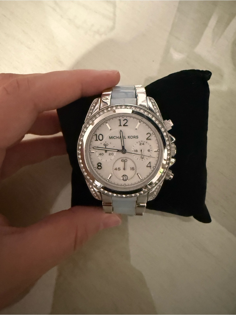Michael Kors Silver Watch with Light Blue Strap and Crystal Bezel